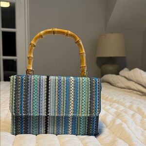 Elegant Multicolor Woven Handbag with Bamboo Handle